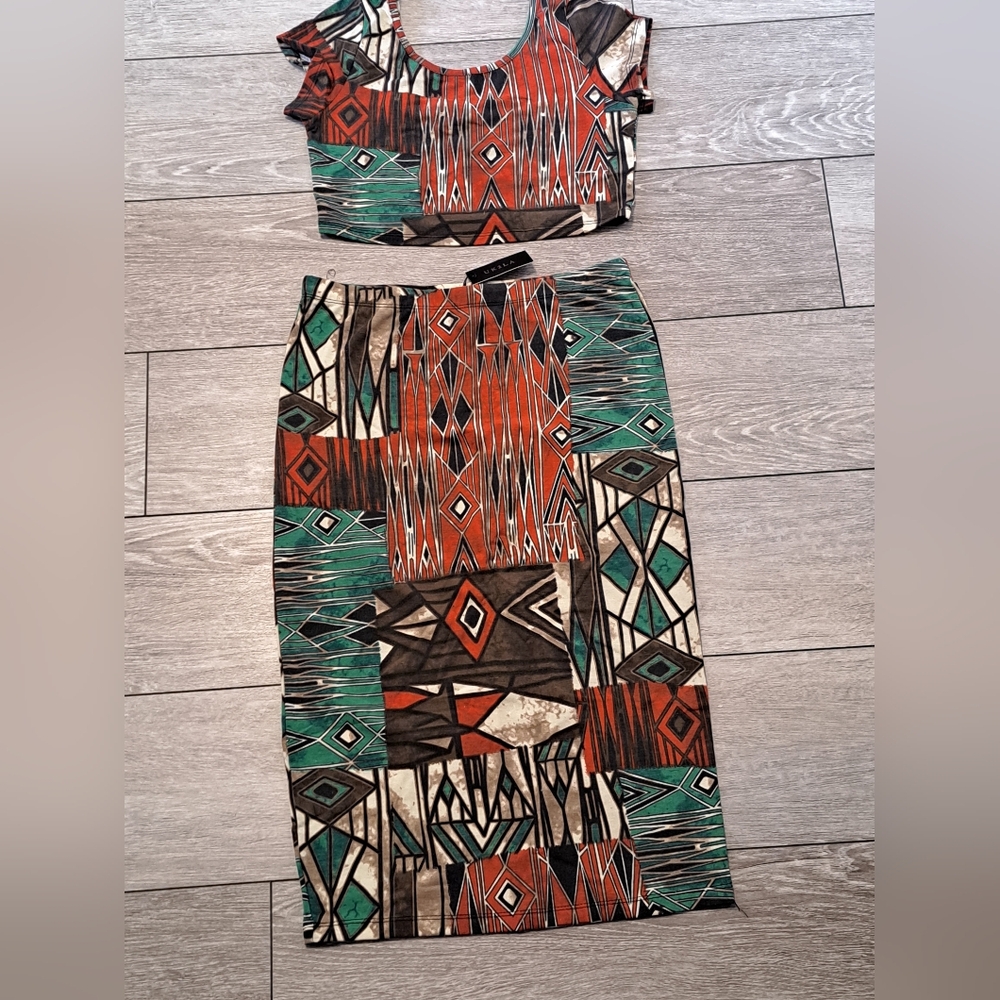 Brand New Ladies Tribal Print Crop Top and Skirt Set